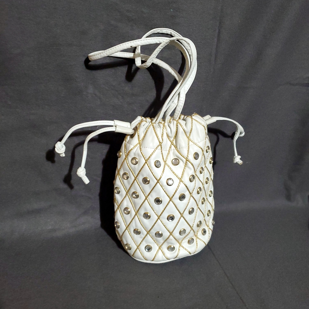 Tiffany Rose Purse Vintage Leather Bucket Bag White Quilted Drawstring Eyelet - Picture 2 of 7